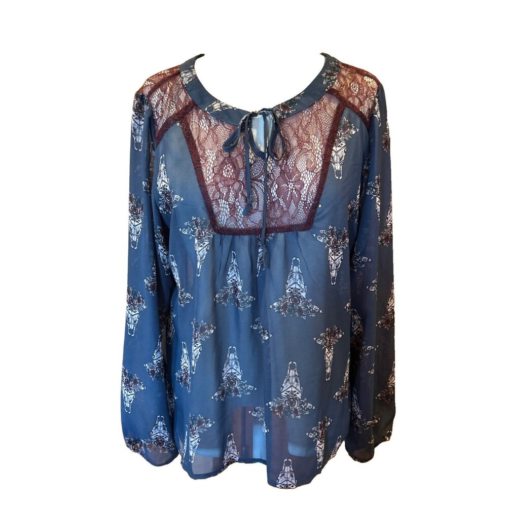 New Cruel Lace Semi Sheer Chiffon Blouse Large Gray Southwestern Cow Skull Roses